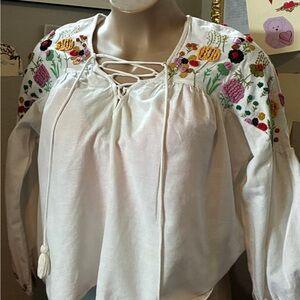Embroidered Lace-Up Peasant Blouse - White